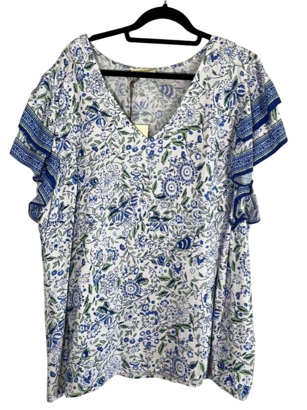 Colorful Floral Ruffle Top 3X Boho Indie Folk Peasant Botanical Coastal Preppy